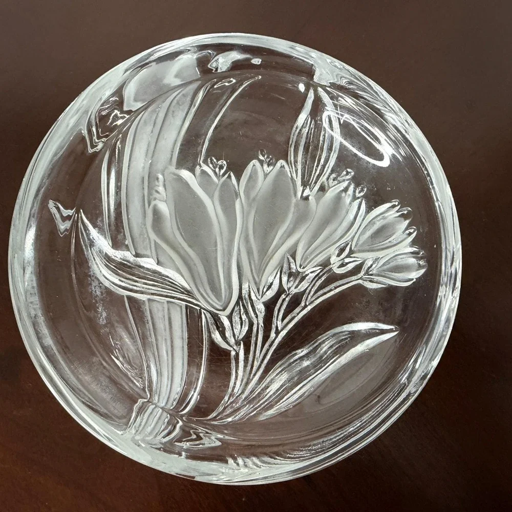 Vintage Mikasa Crystal Floral Etched Trinket Dish Round Vanity Catchall Dish